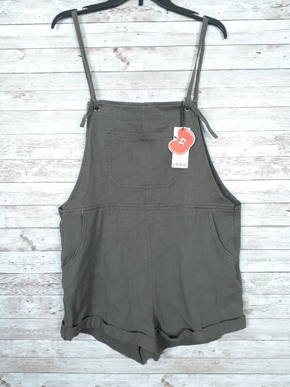Cider Womens Soft Cotton Denim Short Overalls L Dark Gray Tie Straps 898A